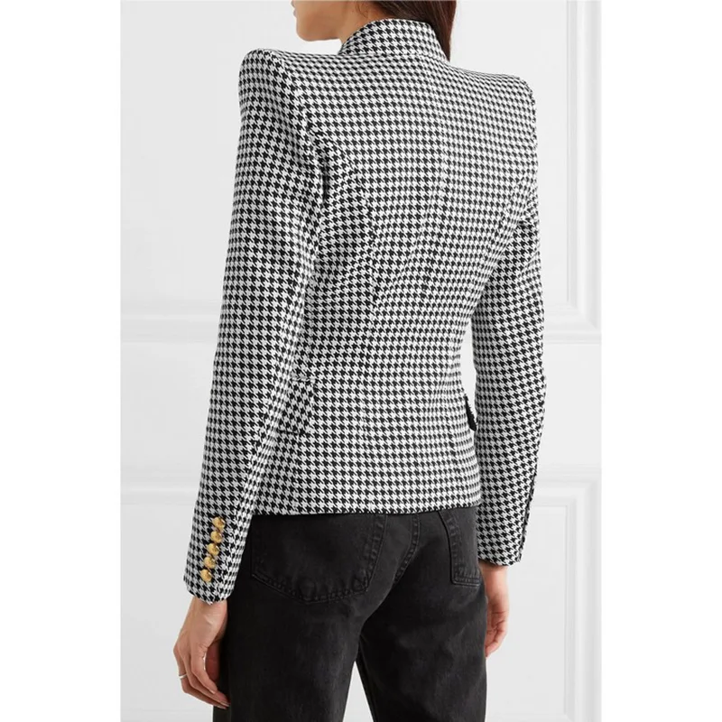 HarleyFashion Autumn Spring High Quality Women Casual Slim Blazer Metal Buttons Houndstooth Print Blazers | Женская одежда