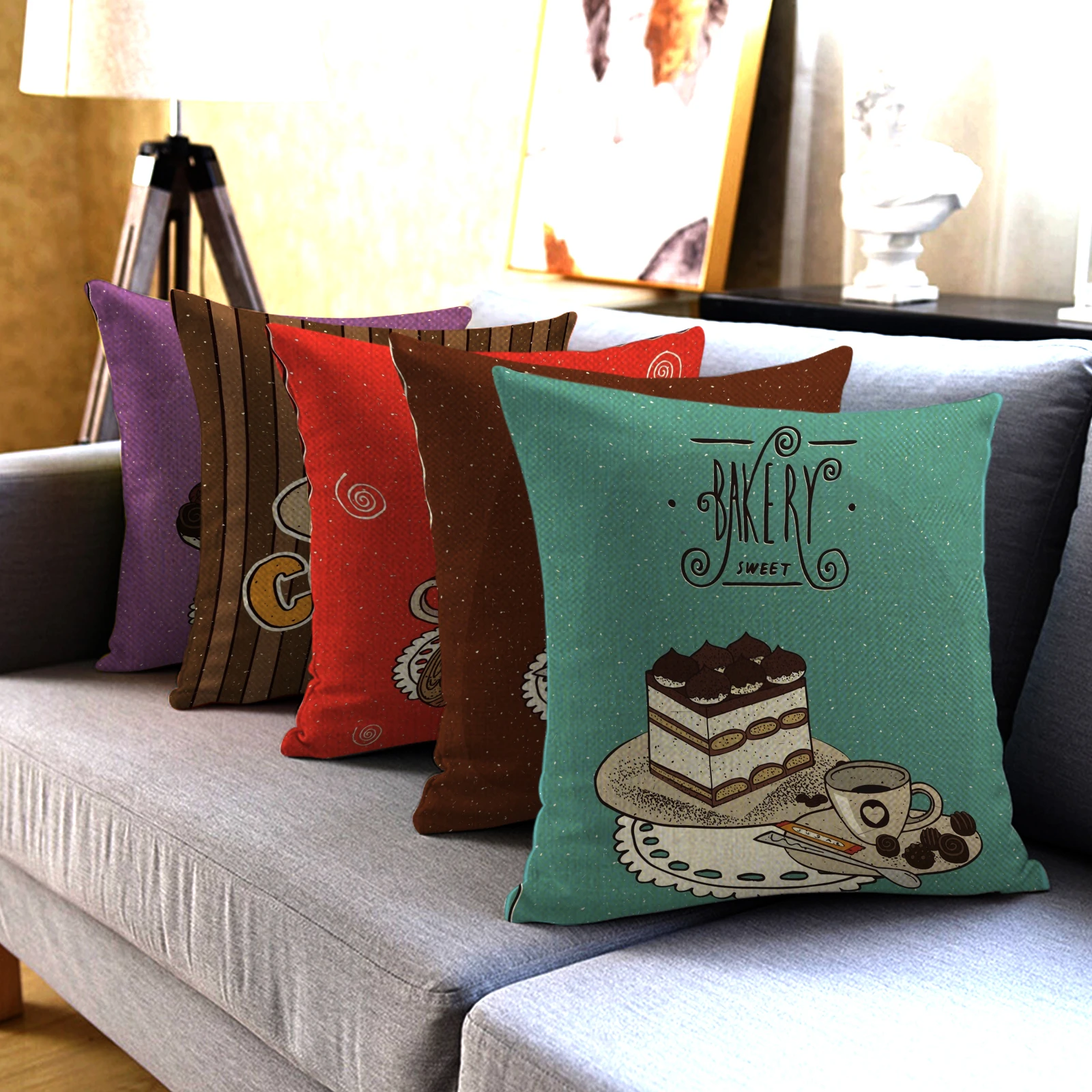 

Delicious Dessert Picture Printed Cushion Cover Linen Beige Square Pillowcase 45x45 Office Nap Car Waist Coffee Bar Decoration