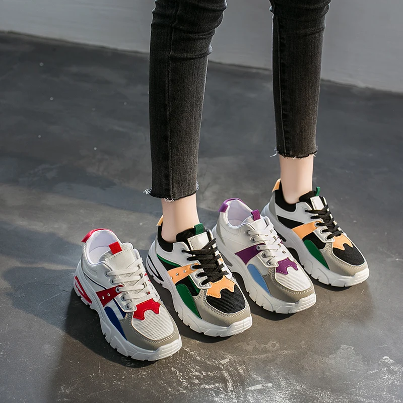 Кожаная обувь на платформе Стильная женская для бега Кроссовки Harajuku толстой