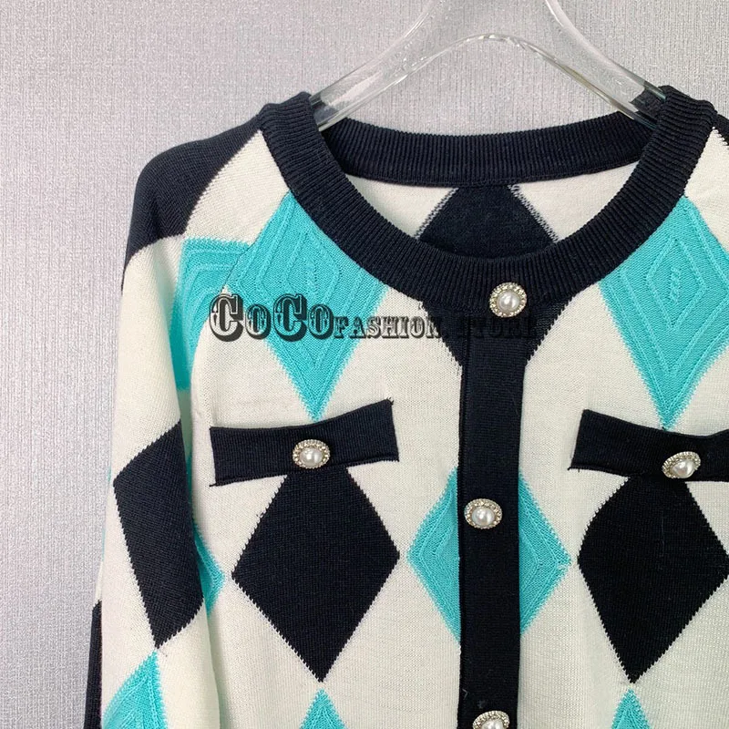 

High quality fashion cardigan woman vintage Rhombic jacquard Button knitted round neck long sleeve Cardigans sweater for women