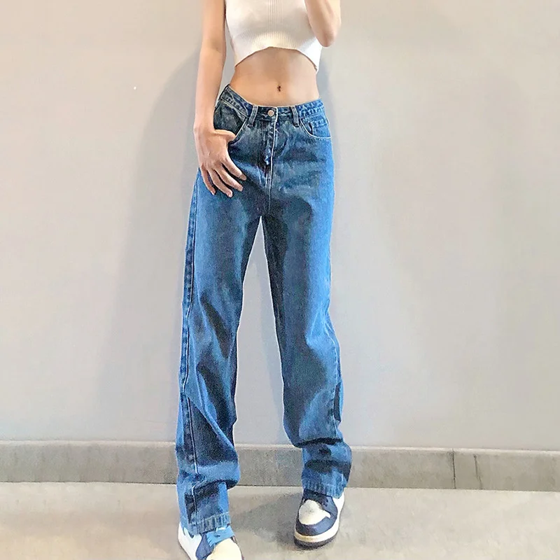 

Women's Solid Color Loose High Waist Fashion Letter Straight Jeans Women Retro Jeans High Waist Stretch Skinny Denim Trousers