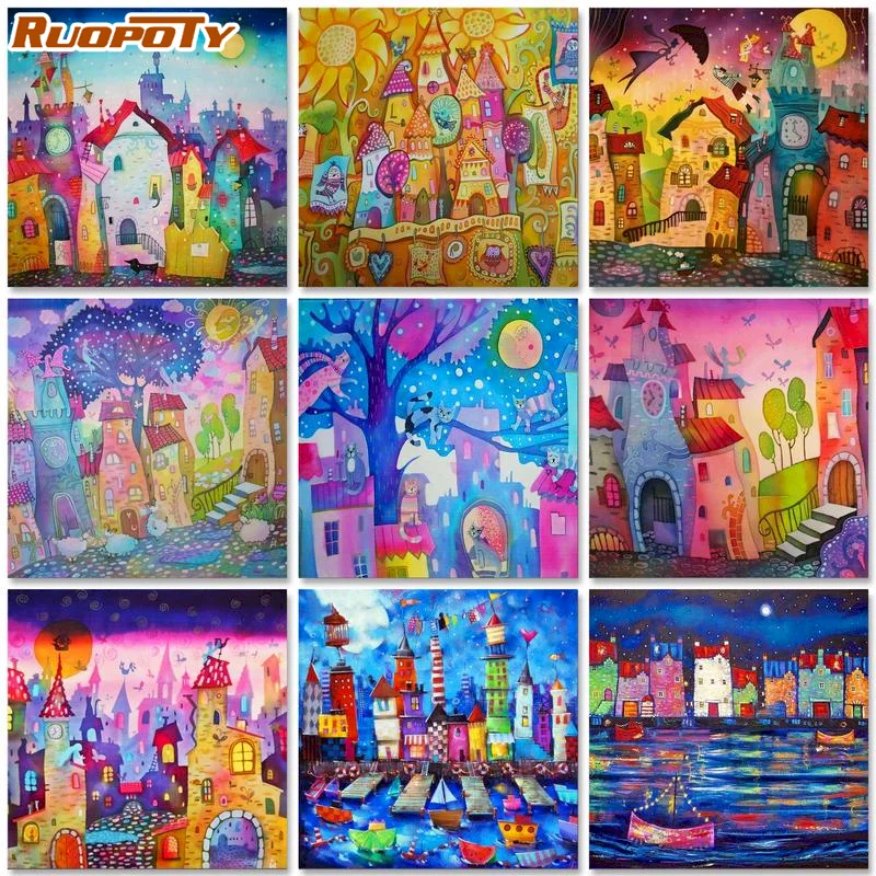

60x75cm Frame Paint By Number For Adults Abstract House Landscape Acrylic Paint On Canvas Pictures By Numbers For Home