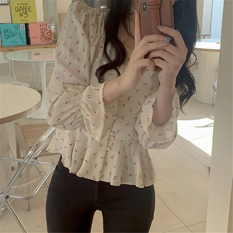 

Chic Korean Square Collar High Waist Florals Slim Streetwear Sweet Blouses All Match Women Cute Short Shirts