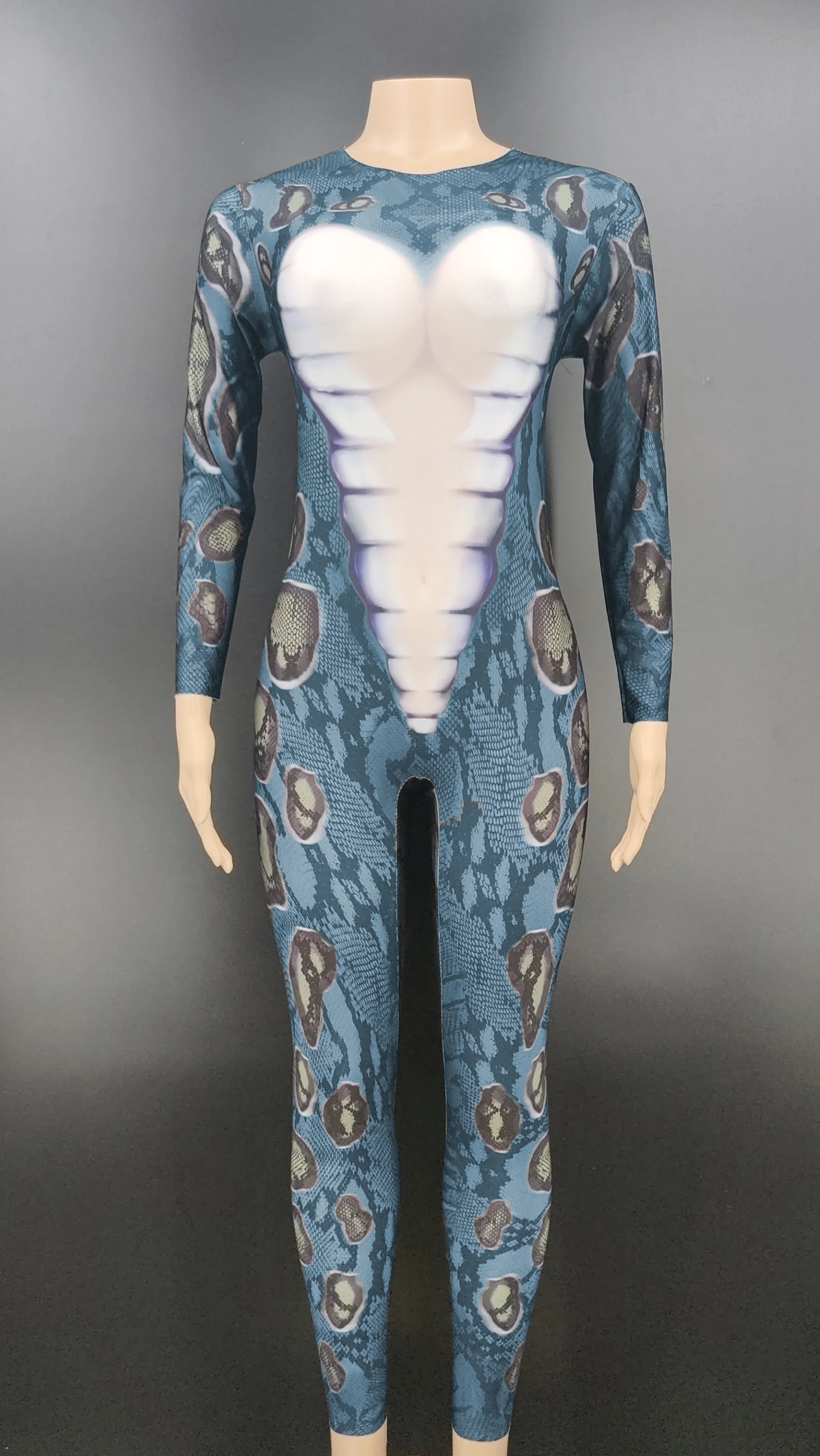 Women Sexy Stage Women Long Sleeve Turtleneck Bodysuit Slim Romper Tops Snake Skin Print Clubwear Party Jumpsuit Leotard