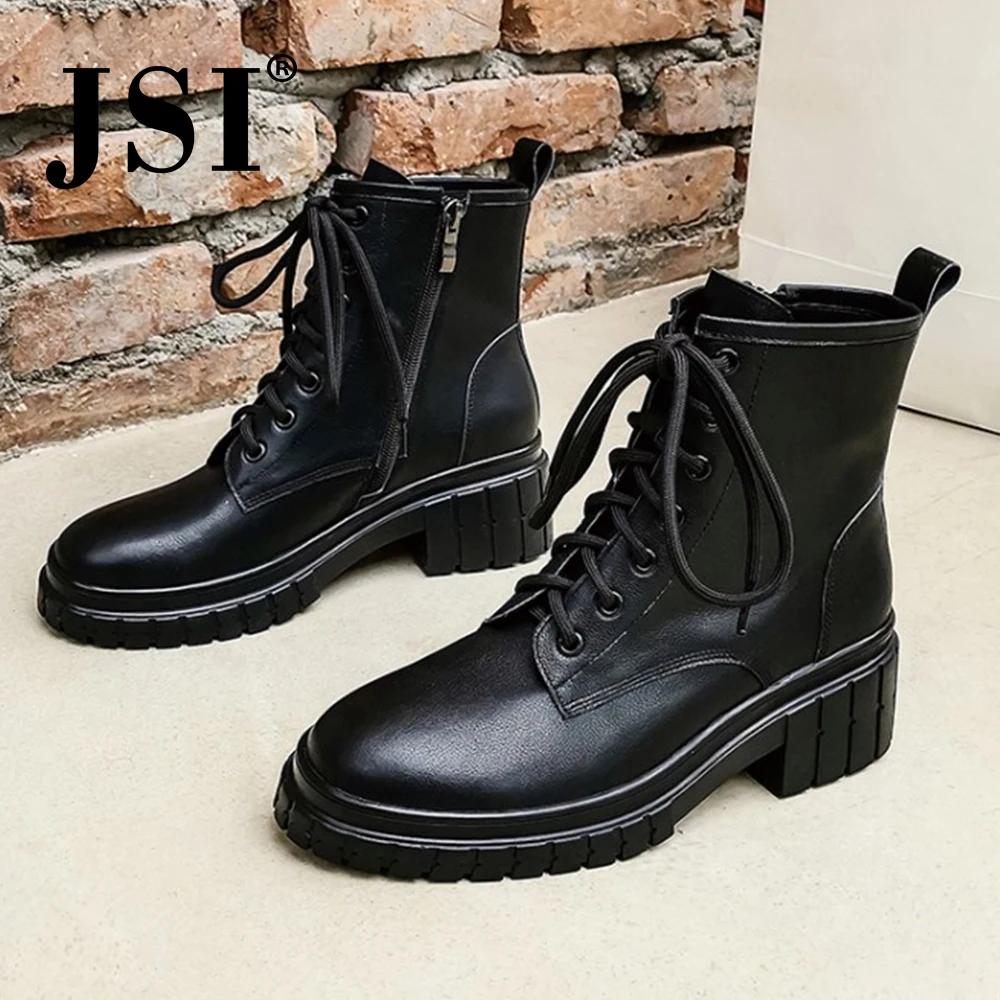 JSI Mid-calf Martin beige Boots Winter Woman Genuine Leather Low Heel Platform Ladies solid Pattern Cross-tied Shoes JO596 | Обувь