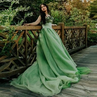green floral dress strapless lace up back prom dress layered tulle ball gown evening dresses with train elegant wedding dress