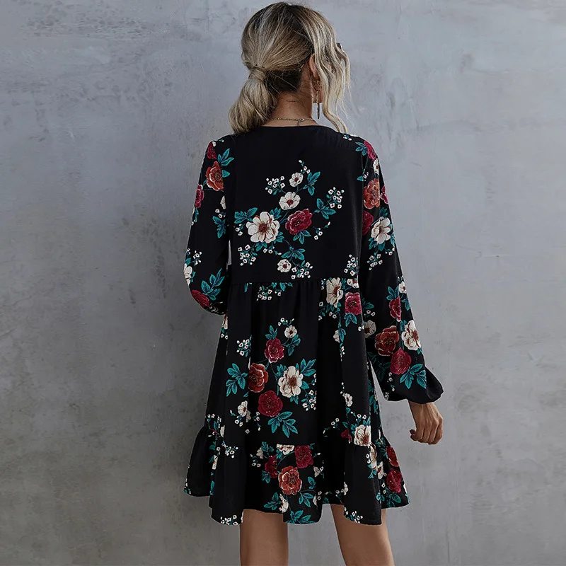 

2021 new Vestido de -invierno con volantes, cuello redondo, manga larga, cintura alta, Floral, informal, negro, 2021