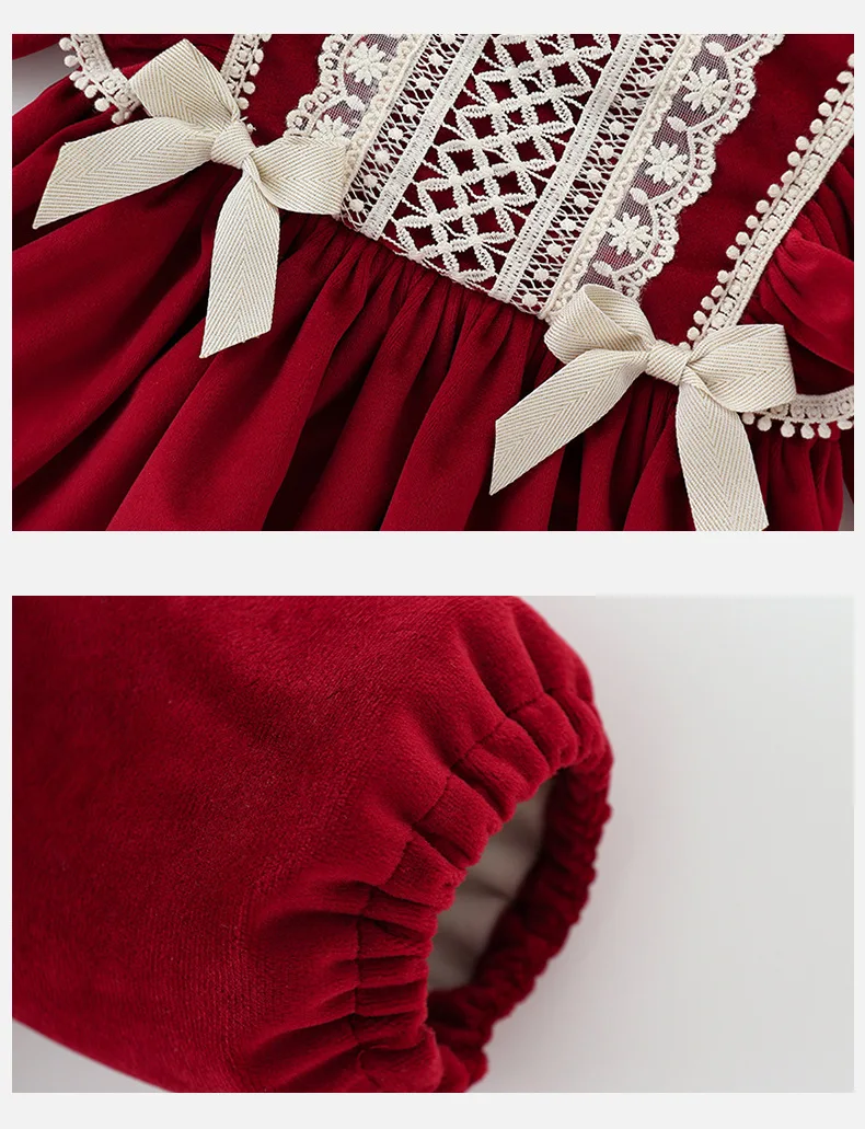 

New Winter Kids Dresses For Girls Velvet Burgundy Red Spain Thick Princess Party Dresses Children's Clothing