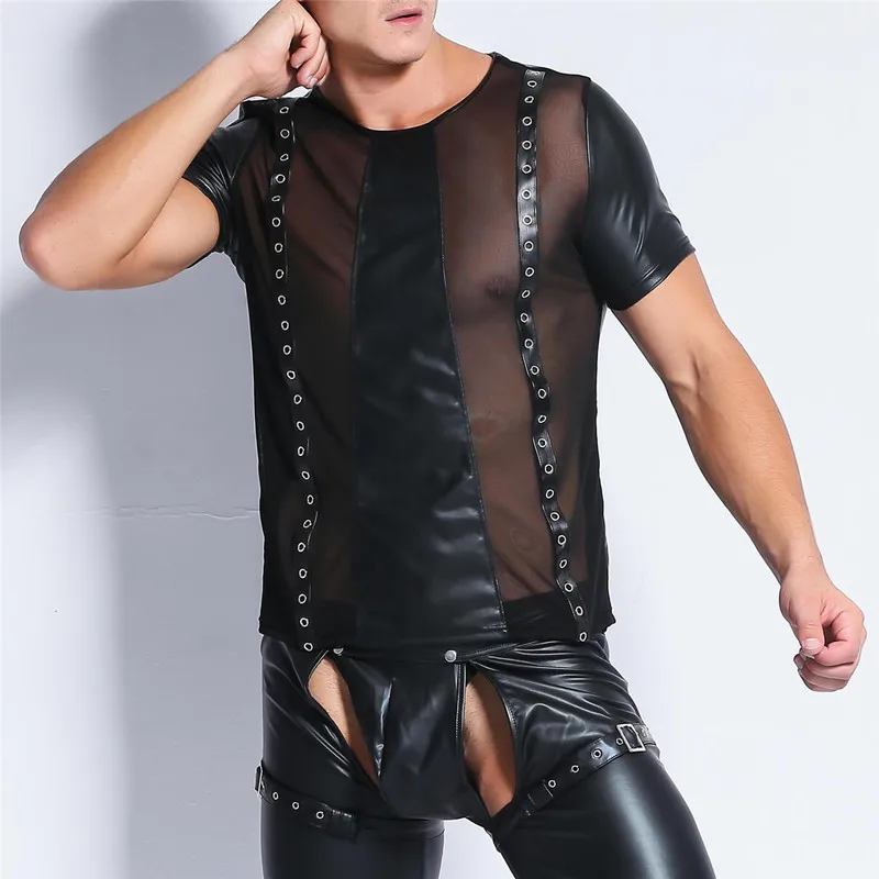 Пикантные Для мужчин футболки из искусственной кожи сетчатые прозрачные Фитнес