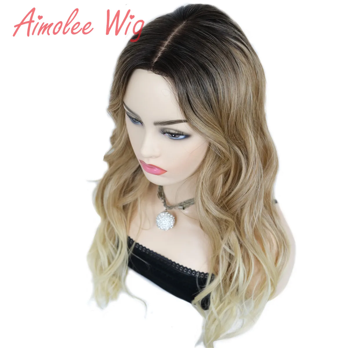 Aimolee Women's Ombre Wigs Hair Brown/Blonde Synthetic Natural Long Curly Part lace Wig For Women