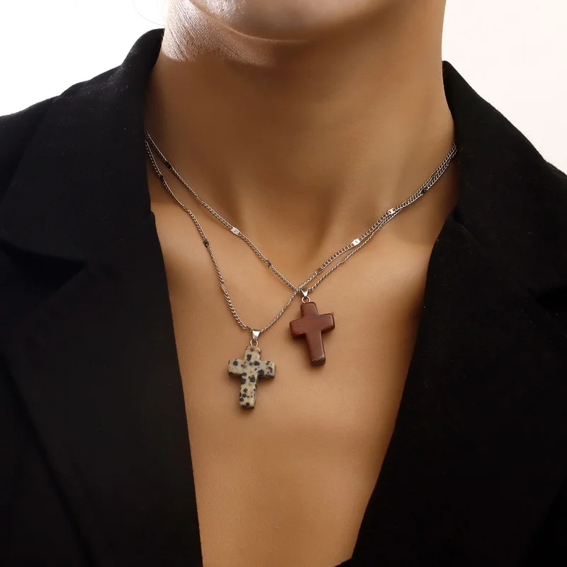 

Vintage Boho Natural Stone Choker Cross Pendant Chain Necklace for Women Party Fashion Jewelry Gift