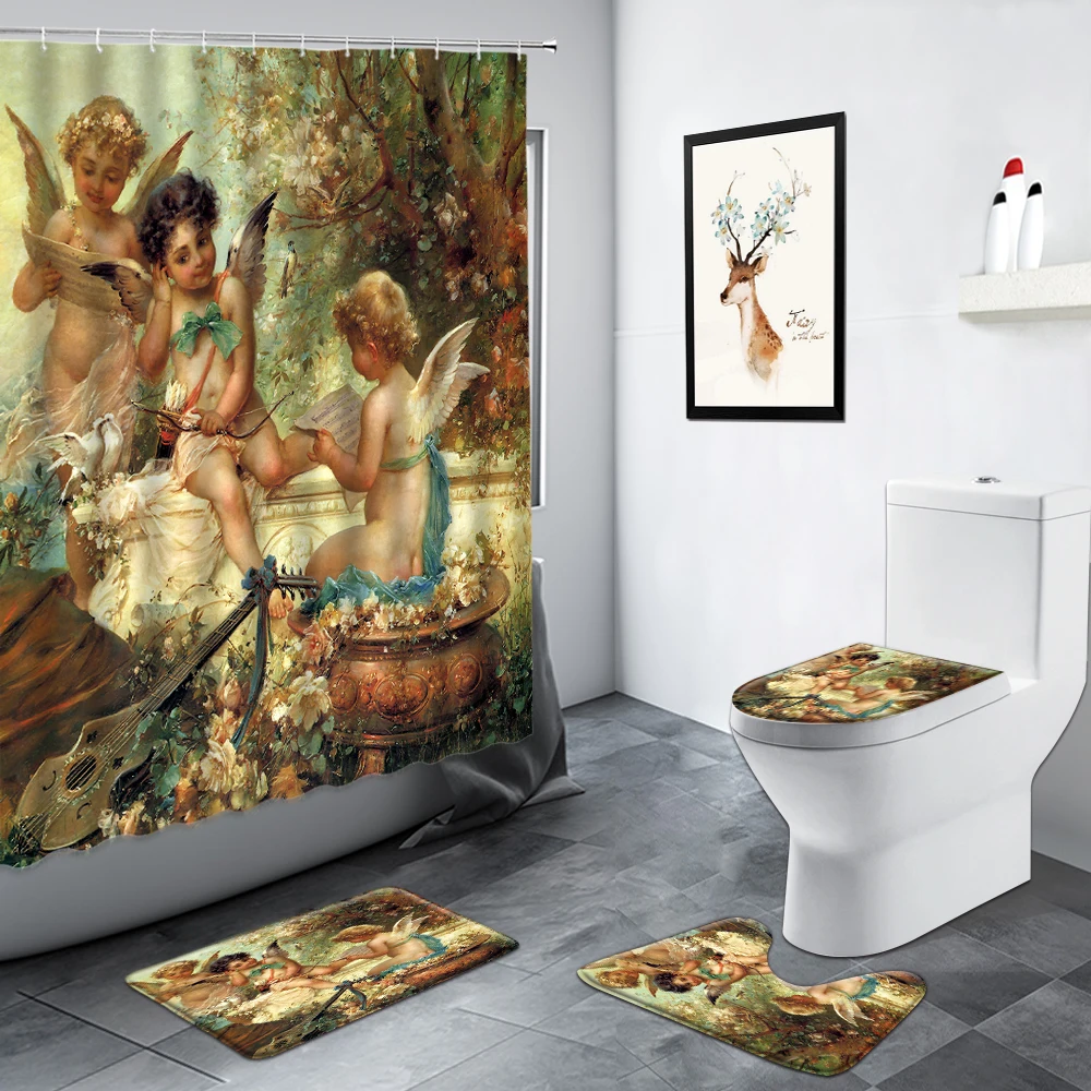 

Classical European Oil Painting Little Angel Shower Curtains Retro Art Bathroom Decor Anti-slip Rug Toilet Cover Bath Mats Sets