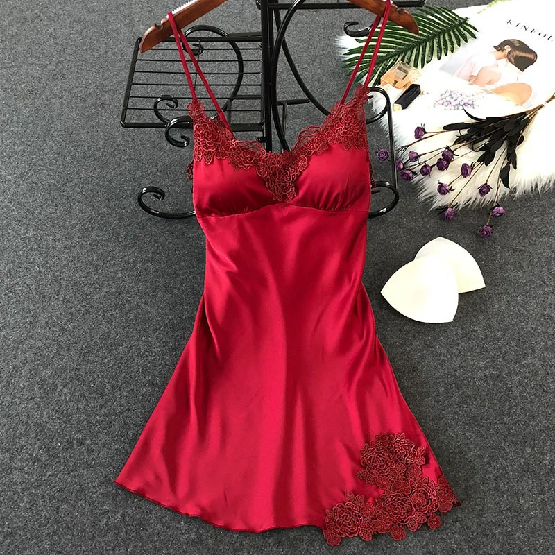 

Chest Pad Nightwear Women's Sexy Lingerie Silk Nightgown Summer Dress Lace Night Dress Sleepwear Babydoll Nightie Satin Homewear