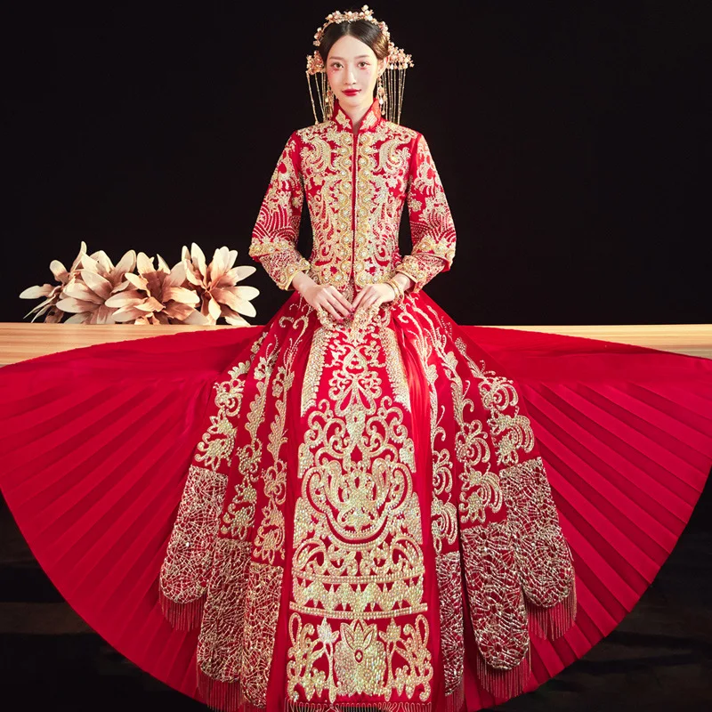 

Китайское традиционное свадебное платье с вышивкой для жениха и невесты, женское облегающее платье-Ципао, Азия, свадебное платье