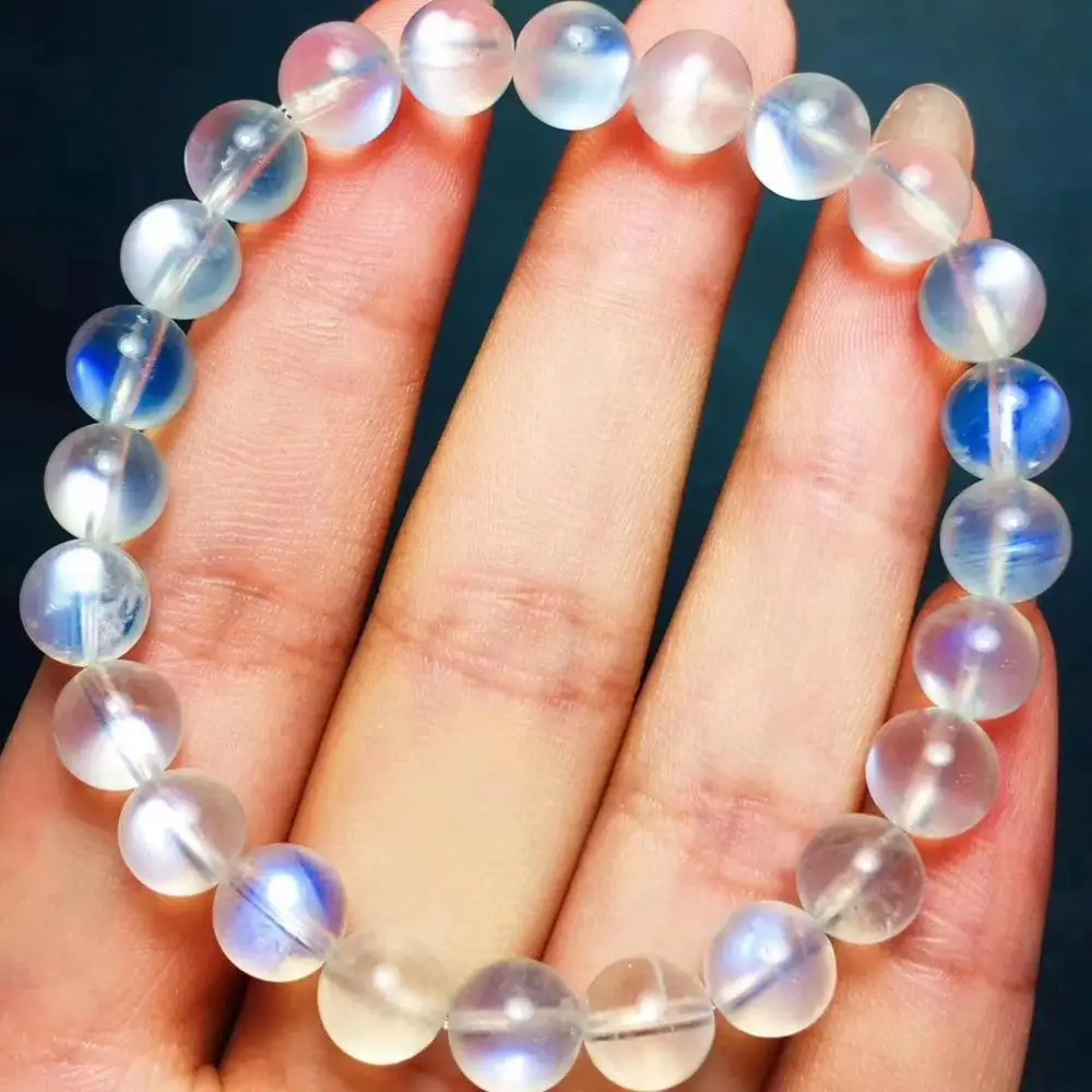 

Certificate Natural Moonstone Blue Light Clear Round Beads Bracelet Women Men 7.2mm Jewelry Moonstone Beads AAAAA