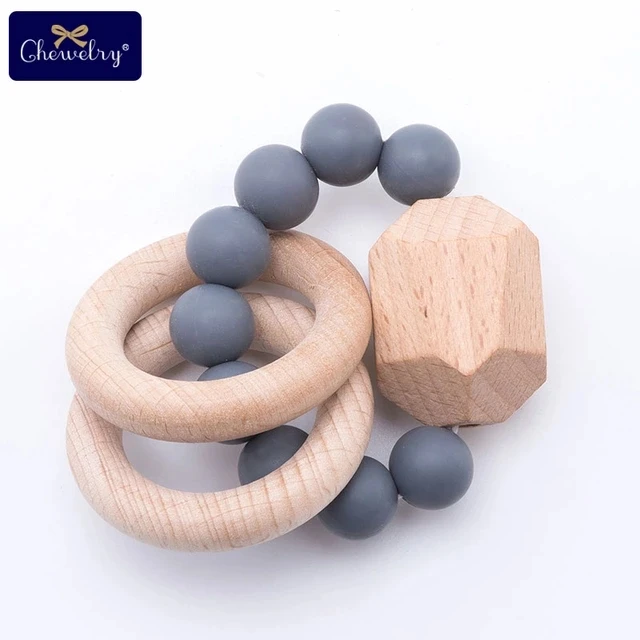 Gray Bracelet 1 шт., детский браслет Teethe Woden, Ювелирное Украшение из бука, деревянное кольцо, персонализированные детские силиконовые бусины, детская коляска-погремушка, Товары для детей - Цвет: Gray Bracelet