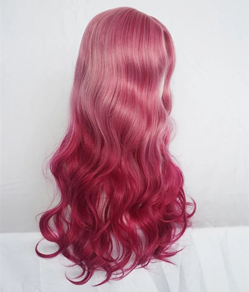 Длинный волнистый розовый и красный парик со средней частью из термостойкого