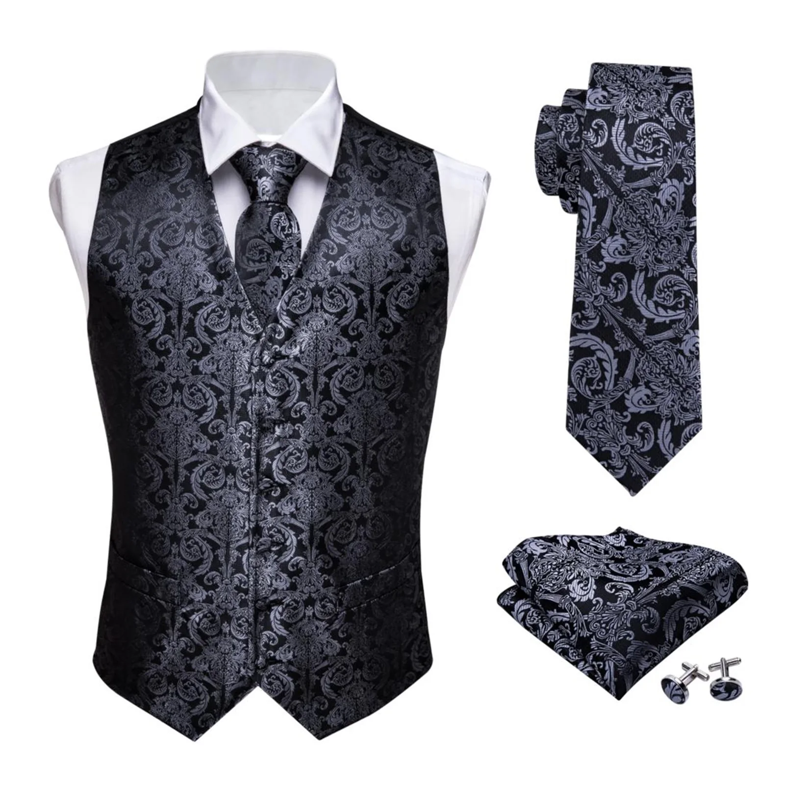

2021 новый дизайнерский мужской классический черный Жаккардовый жилет с пейсли-огурцами, жилет из складного шелка, носовой платок, галстук, ж...