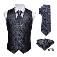 2021new designer mens classic black paisley jacquard folral silk waistcoat vests handkerchief tie vest suit pocket square set