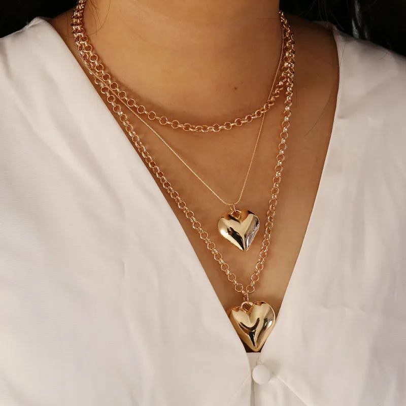 

Vintage MultiLayer Heart Pendants Necklaces For Women Gold Geometric Punk Necklace New Design Wedding Jewelry Girlfriend Gifts