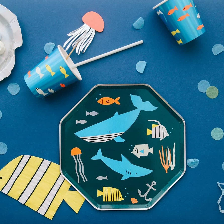 

8PCS/Set Cartoon Shark Disposable Tableware Sea Animal Paper Plates Cups For Birthday/Baby Shower Decoration Kids Party Supplies