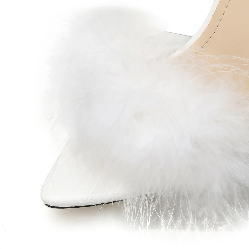 Белые пушистые вечерние тапочки в европейском и американском стиле с острым