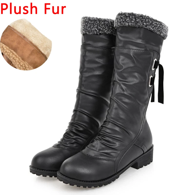 black plush Haoshen& Girl/ботинки до середины икры из PU искусственной кожи с меховой подкладкой зимняя обувь женская повседневная обувь на плоской подошве зимние ботинки обувь на шнуровке Размер 10,5, 34-43 - Цвет: black plush