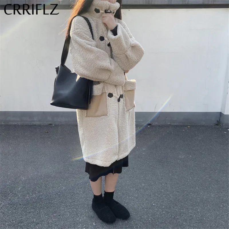 CRRIFLZ новое пальто из искусственного меха длинное овечьей шерсти с воротником