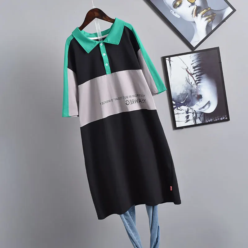 2021 Summer New Korean Women Plus Size Loose Slim Short Sleeved T-shirt Dress Casual Contrast Color Cotton Free Shipping | Женская