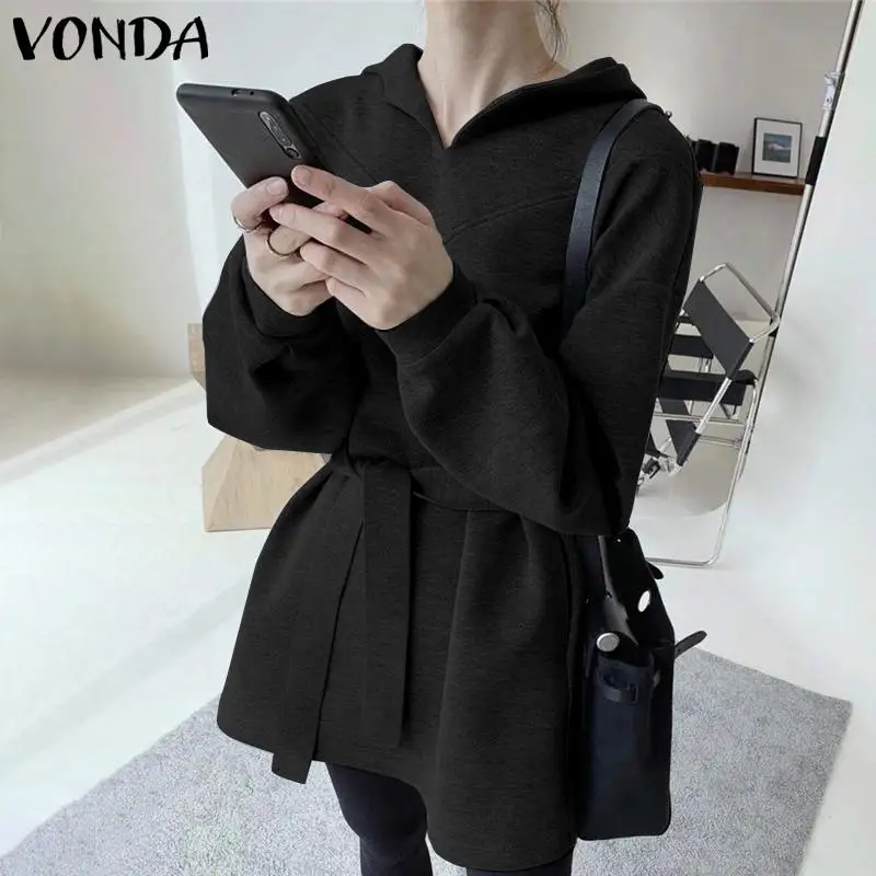 

Casual Sweatshirts With Belt VONDA 2022 Women Autumn Spring Solid Color Chemise Hoodies Sweatshirts Female Long Sleeve Blusas