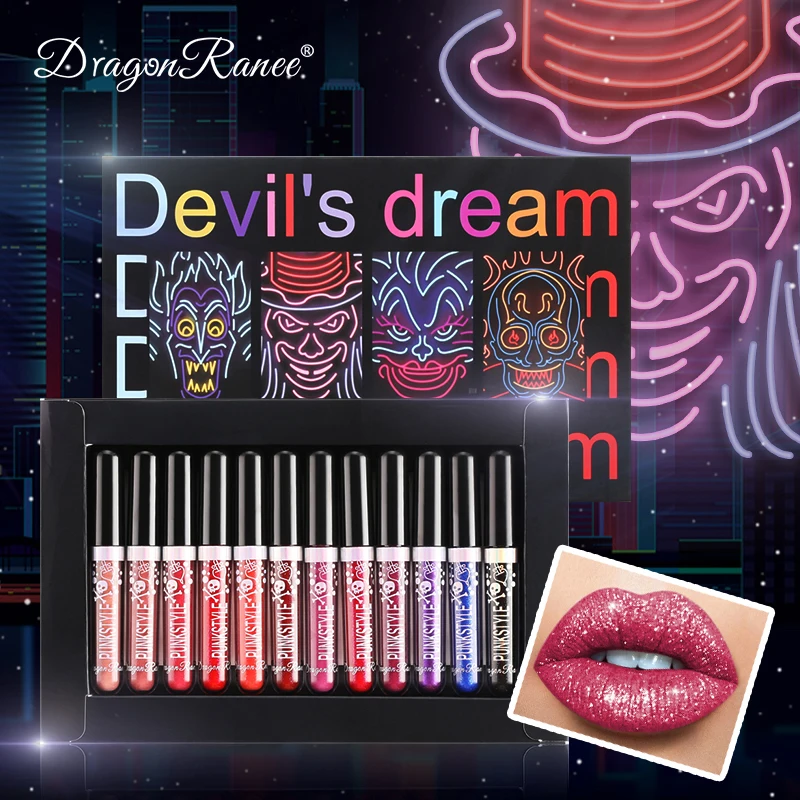 

12Pcs/set Glitter Lippenstift Makeup Langdurige Mermaid Sexy Shimmer Lip Stick Halloween skull diamond Fantasy color lip makeup