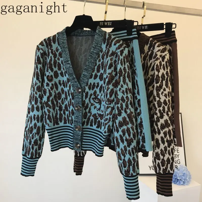 Gaganight осень зима модные женские туфли комплект из двух предметов Леопард однобортный V образным вырезом кардиган Bodycon Мини юбка 2 шт. наряды
