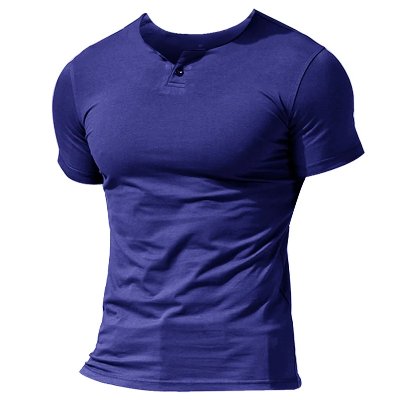 Тёмно-синий MUSCLE ALIVE Мужская Летняя Повседневная футболка с коротким рукавом Henleys однокнопочная планка простая футболка с круглым вырезом Бодибилдинг Фитнес - Цвет: Тёмно-синий
