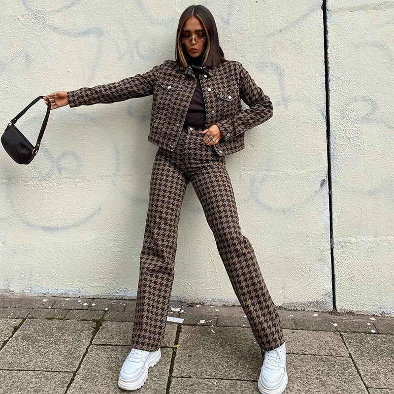 

Winter Autumn Two Piece Set Women Crop Top Coat High Waist Pants Pant Set Streetwear 2 Pieces Houndstooth Print Women Pant Sets
