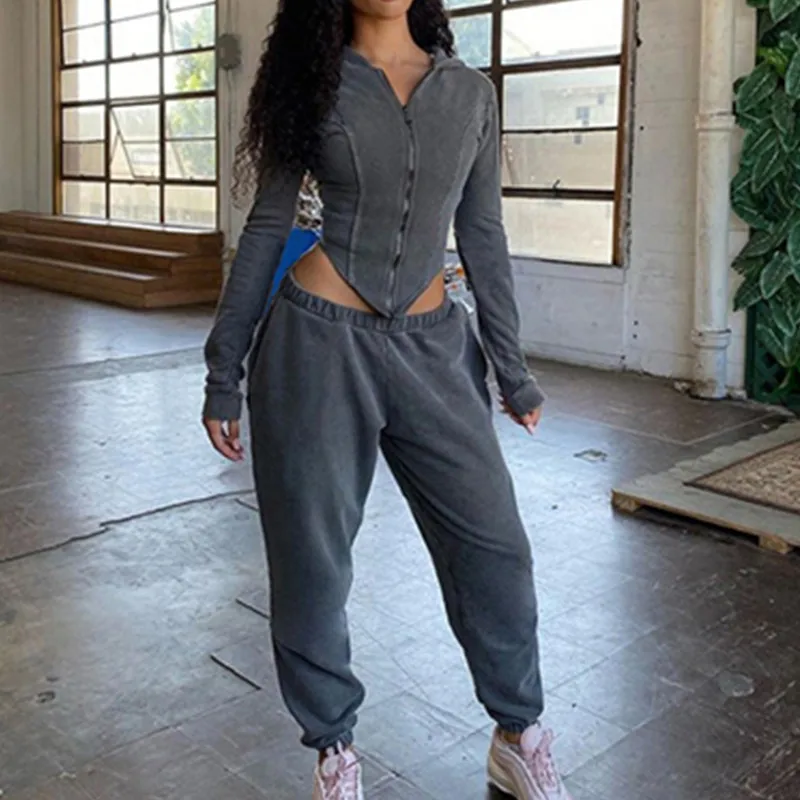 

2021 Patchwork Autumn Winter Hooded Sportwear Pure Irregular Tops High Waist Trousers Fitness Outfit Woman's New Jogging suit