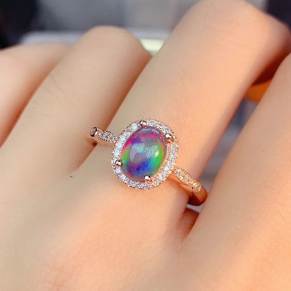 High Quality Beautiful October Birthstone Natural Black Fire Opal Engagement Ring 925 Sterling Silver Jewelry For Women Gift