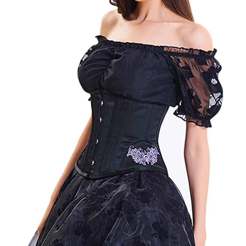 

Corset Waist Control Gothic Corsets Cincher with Curved Hem Bustiers Embroidery Short Waist Trainer