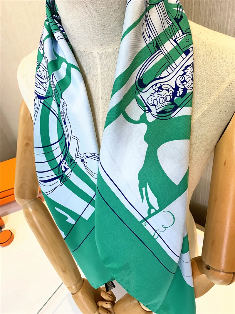 

90cm Brand Design Belt Print Hijab Scarf Women Bandana Handmade Curled Twill Silk Square Scarf Luxury Foulard Head Scarves Shawl