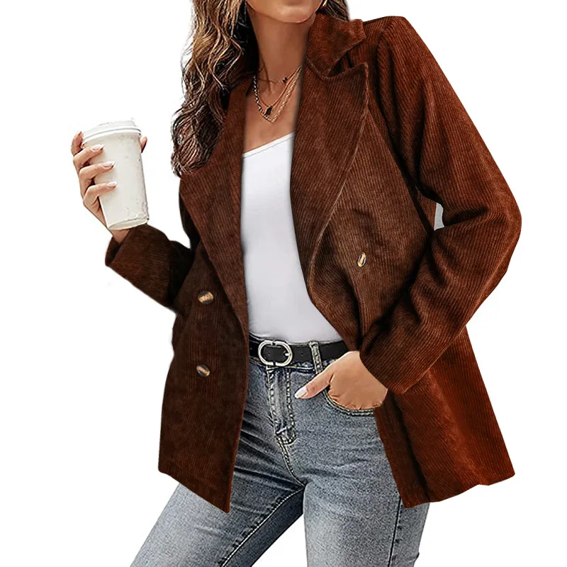 Autumn Jacket Women Chic Office Lady Breasted Blazer Vintage Coat Fashion Notched Collar Long Sleeve Outerwear Stylish Tops New