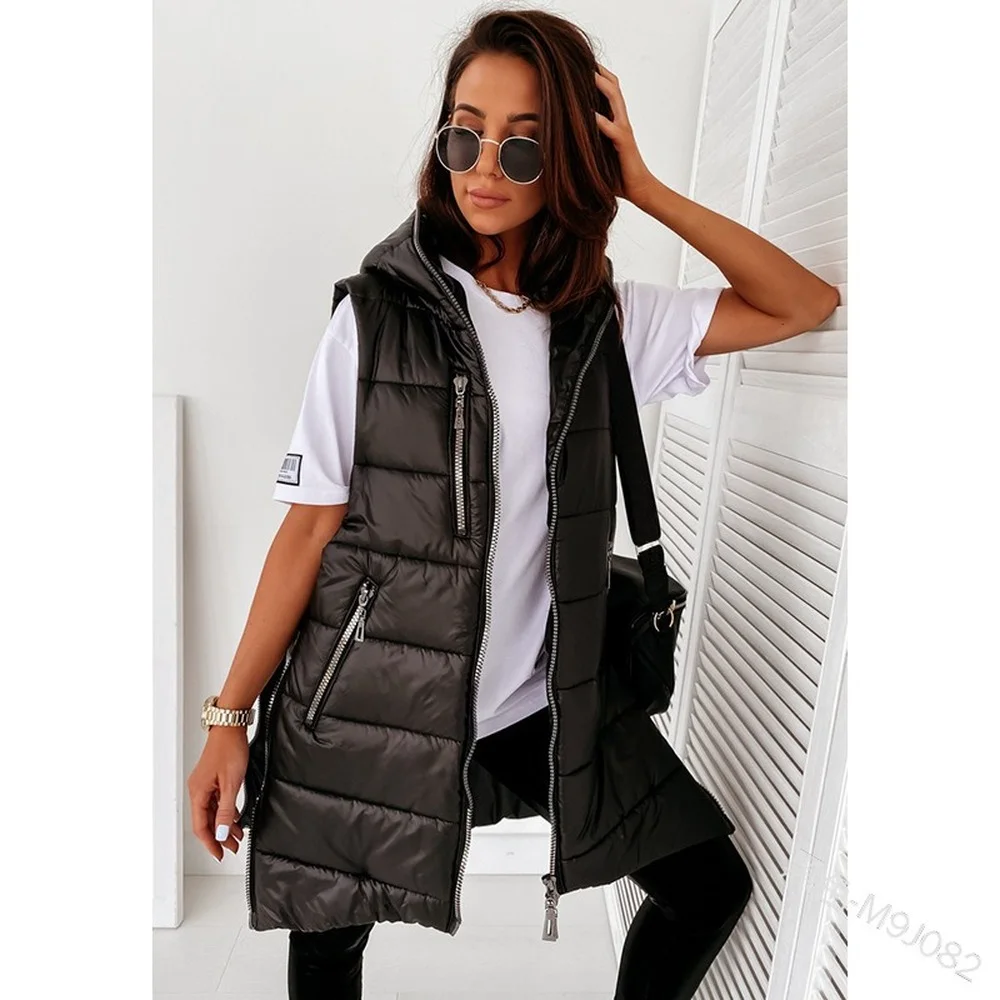

Lugentolo Winter Vest Women Hooded Sleeveless Jacket Streetwear Fashion Loose Zipper Pockets Loose Waistcoat