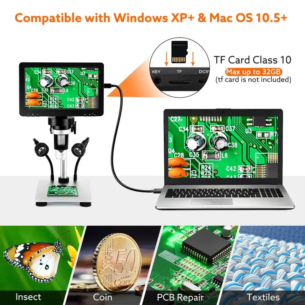 7 дюймов 1080p LCD цифровой микроскоп 1200x Увеличение Ручной с видео рекордером для