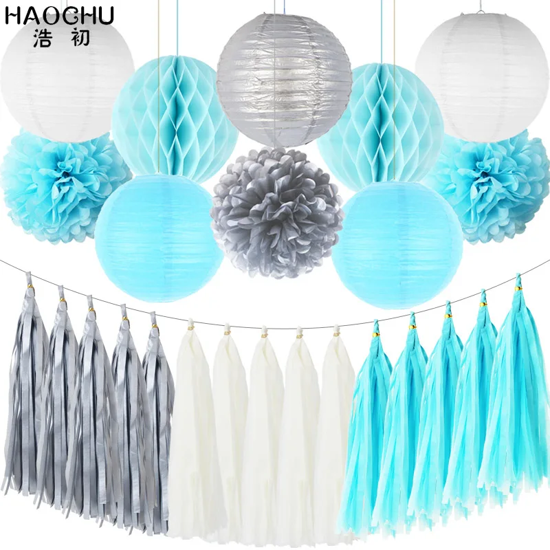 Blue Silver 25pcs/set Gold White Round Hanging Paper Ball Lanterns Honeycomb Tissue Pom Poms Tassel Birthday Wedding Theme Party Decorations - Цвет: Blue Silver