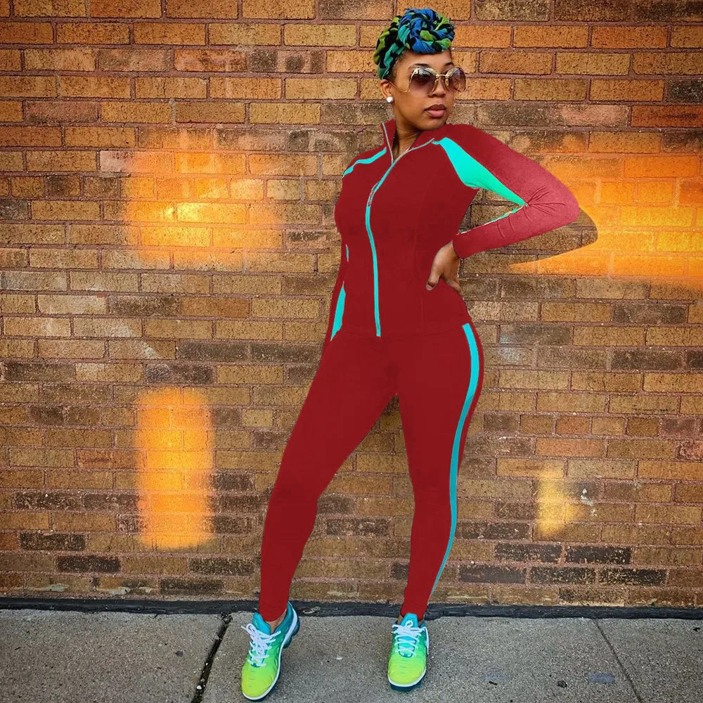 

Elastic Hight Color Block Fitness Sweatsuit Women Zipper Long Sleeve Slim Jacket and Bodycon Legging Loungewear Two Piece Suits