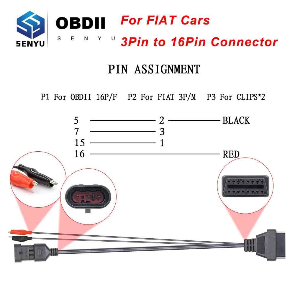 Для Fiat 3 Pin OBD к OBD2 16Pin разъем адаптера для контактный 2 автомобильный