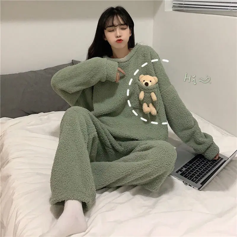 QWEEK Women Pajamas Solid Color Pocket with Bear Pijamas Warm Flannel Pyjamas Winter Home Clothes Kawaii Panda Embroidery Autumn