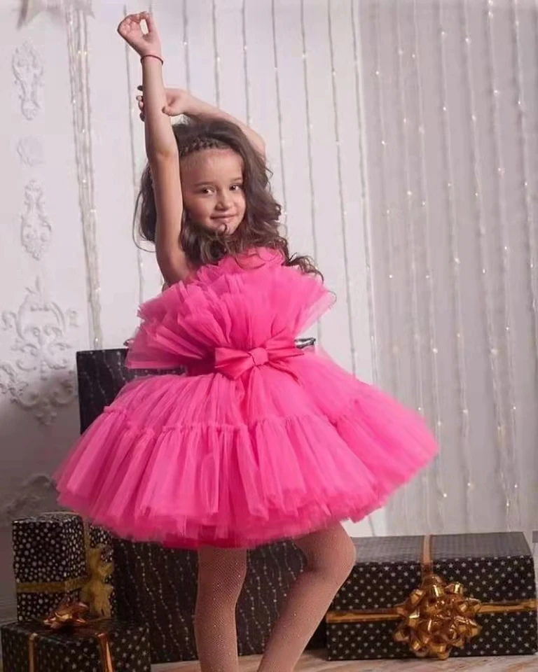Pink Puffy Dress For Girls Sleeveless Tulle Princess Birthday Dress For Kids Lush Girls Dresses For Party And Wedding 1y-14y