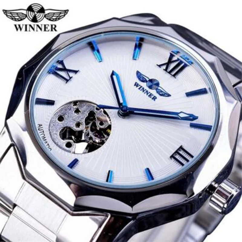 Winner Automatic Skeleton Man Clock Top Brand Fashion Silver Business Stainless Steel Relojes Hombre Clock Mechanical Watch