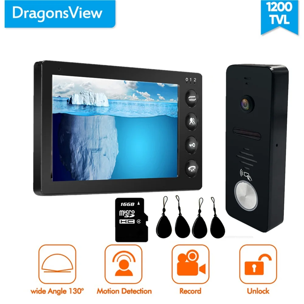 With 16GB SD Card Dragonsview 7 дюймов видеодомофон RFID видео домофон система черная картинка видео запись движения Обнаружение широкий угол 130 - Цвет: With 16GB SD Card