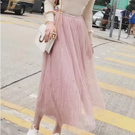 Для женщин Высокая талия плиссированные Бисер половина Длина эластичная юбка