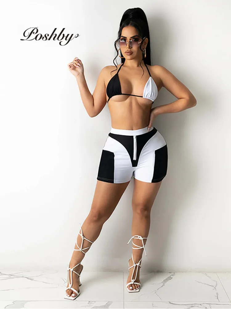 

Poshby Summer Women Patchwork Swimsuit 2 Pcs Set Sexy Halter Bra and High Waist with Zipper Skinny Shorts Bikini Sets Beachwear